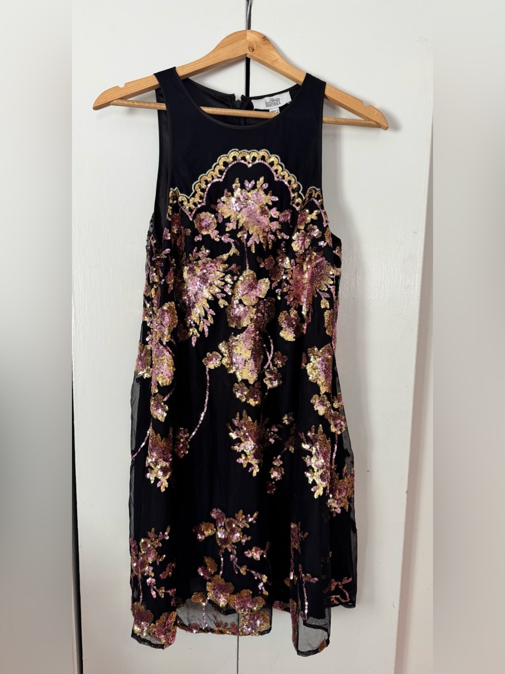 Belle Badgley Mischka Black Dress with Pink and Gold Sequin Embroidery